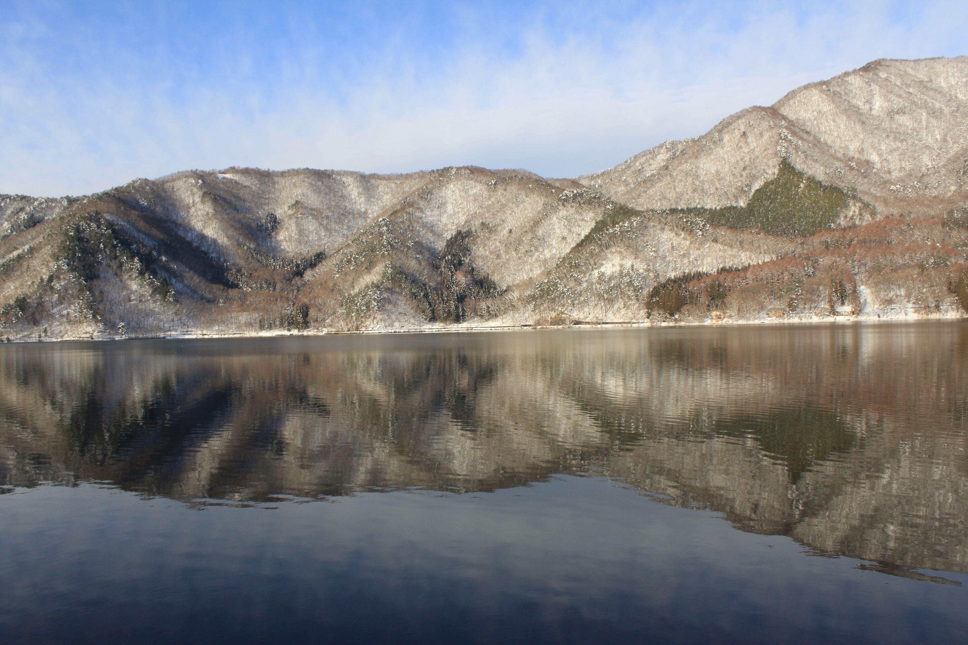 A calm lake with mountains in the background.