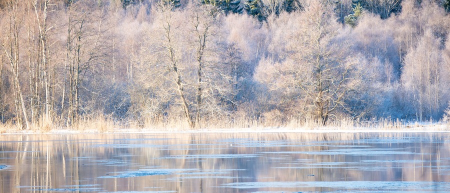 River in a cold winter landscape with snow and frost