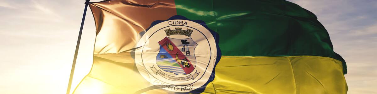 Cidra municipality of Puerto Rico flag waving on the top sunrise mist fog