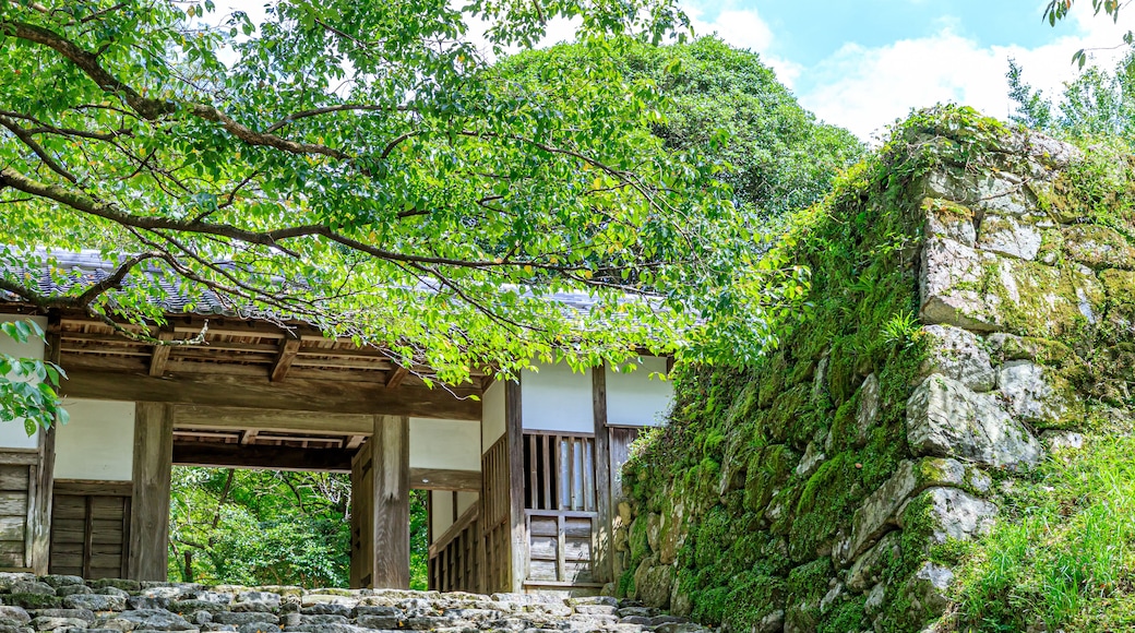 A traditional Japanese building with a wooden staircase leading up to it, surrounded by lush greenery and stone walls.