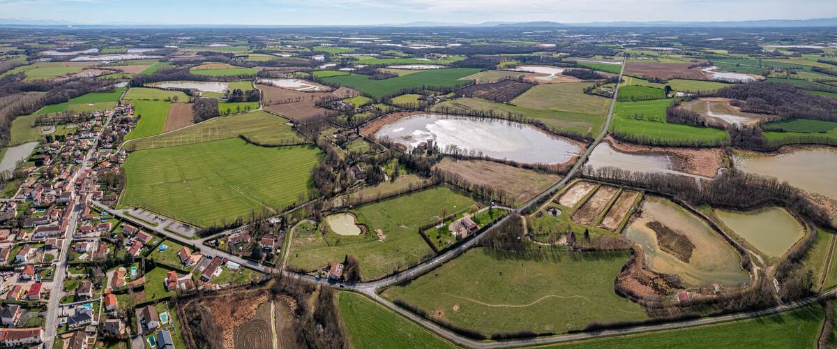 An aerial view of a rural landscape with fields, a small village, and a large water body.