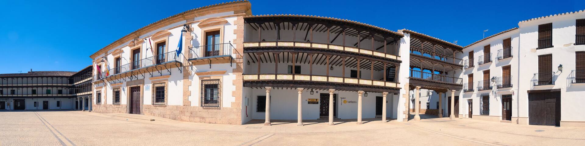 Panoramic of the Plaza de Tembleque in the province of Toledo of the autonomous community of Castilla la Mancha in Spain without people.