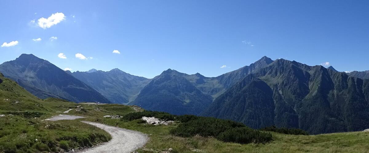 Eine Berglandschaft mit einem gewundenen Pfad, üppigen grünen Hügeln und in der Ferne schneebedeckten Gipfeln unter blauem Himmel.