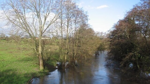 River Frome near Woolverton A view looking to the northeast along the River Frome, swollen after recent heavy rain, taken from the parapet of the bridge on the A36.