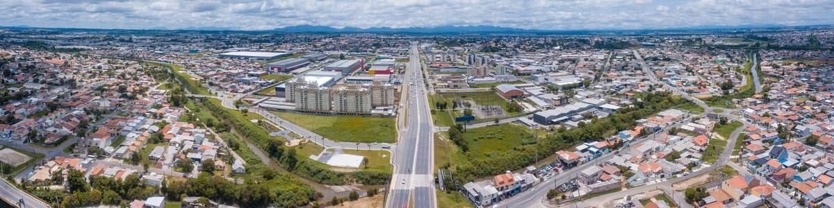 Deputado João Leopoldo Jacomel Highway (PR 415), entrance to Pinhais, the smallest municipality in the state of Paraná. Drone image on the border with Curitiba, capital of the state.