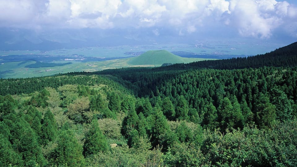 A mountainous landscape with dense forests, a prominent hill, and a distant view of a coastline.