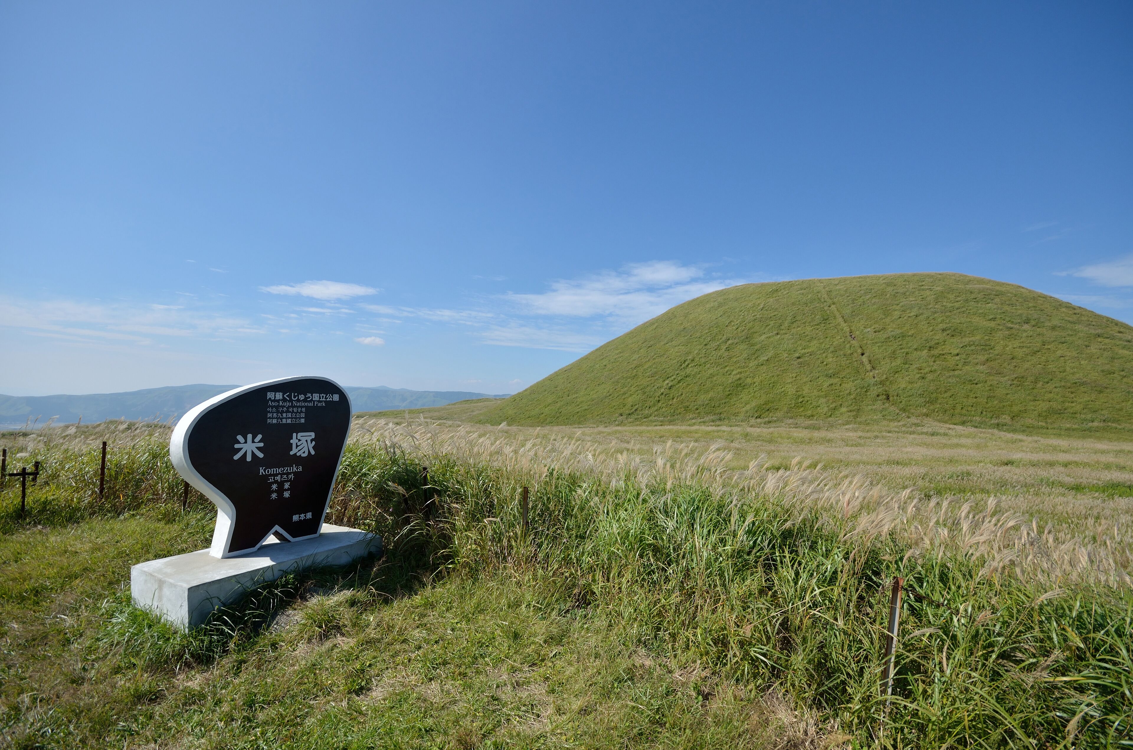 A grassy hill with a sign in the foreground.