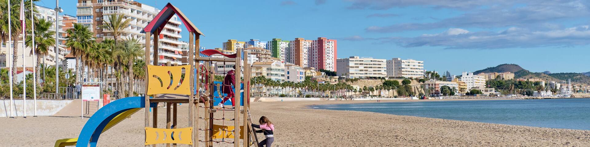 Wooden playground on the beach of Villajoyosa. Costa Blanca, Spain