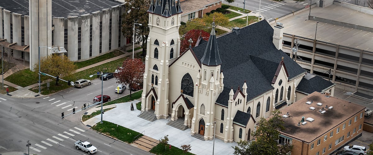 St Mary’s Catholic and First Baptist Churches, K Street at 14th, Lincoln, Nebraska, Viewed from Nebraska Capitol dome.