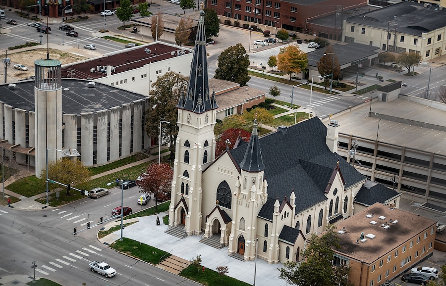 St Mary’s Catholic and First Baptist Churches, K Street at 14th, Lincoln, Nebraska, Viewed from Nebraska Capitol dome.