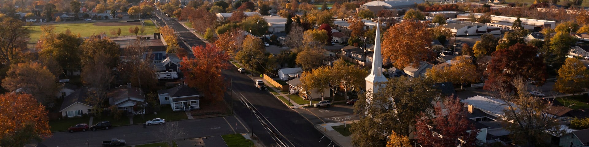 Sunset aerial view of the urban core of downtown Lincoln, California, USA.