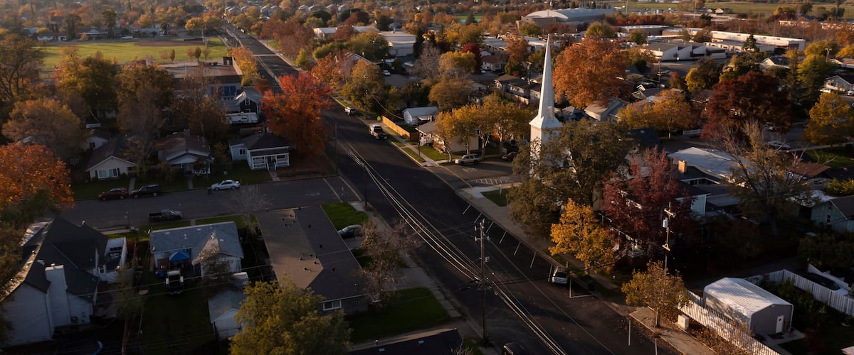 Sunset aerial view of the urban core of downtown Lincoln, California, USA.
