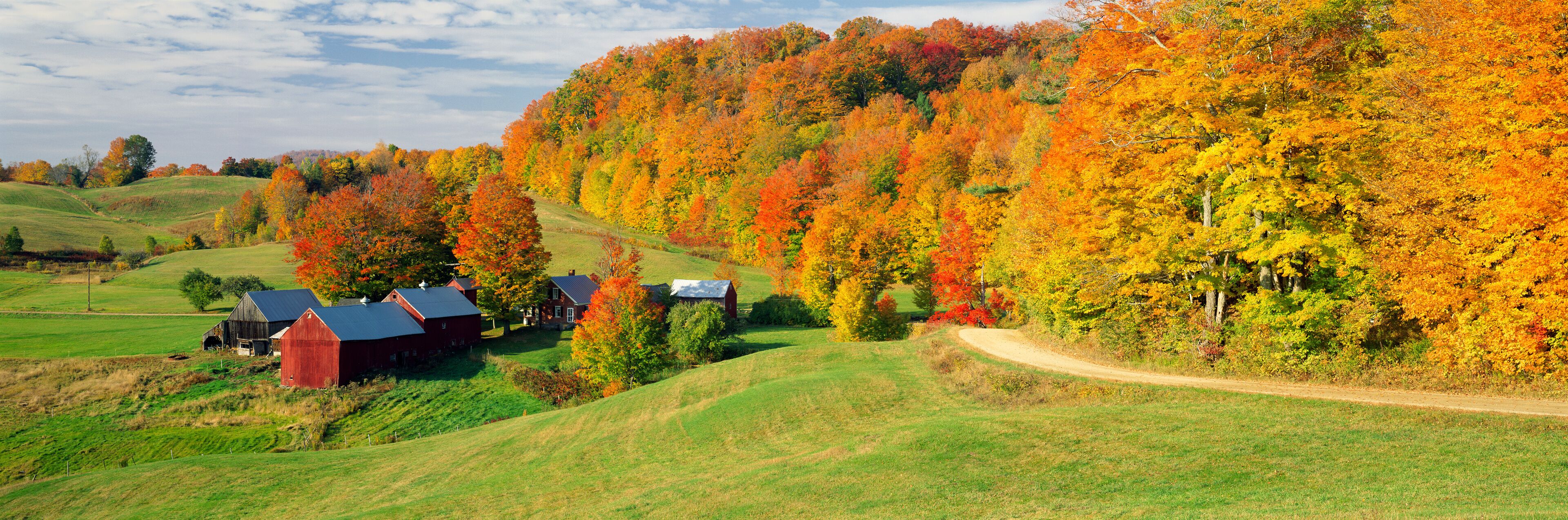 Fall foliage surrounding red barns at Jenne Farm in South Woodstock, Vermont, New England, North America