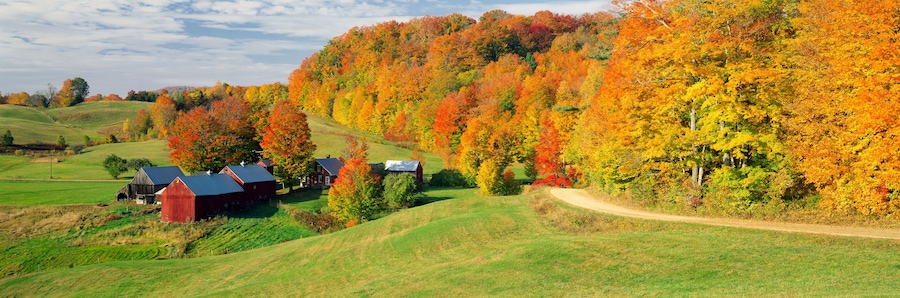 Fall foliage surrounding red barns at Jenne Farm in South Woodstock, Vermont, New England, North America