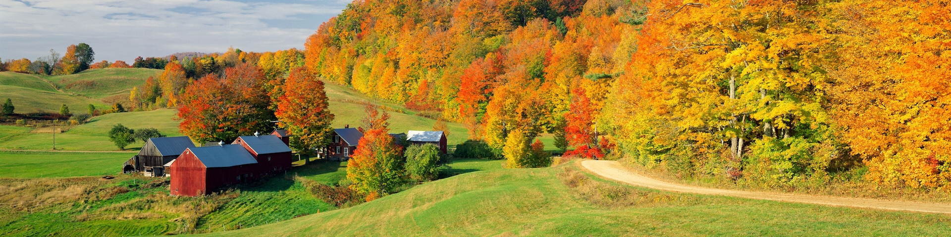 Fall foliage surrounding red barns at Jenne Farm in South Woodstock, Vermont, New England, North America