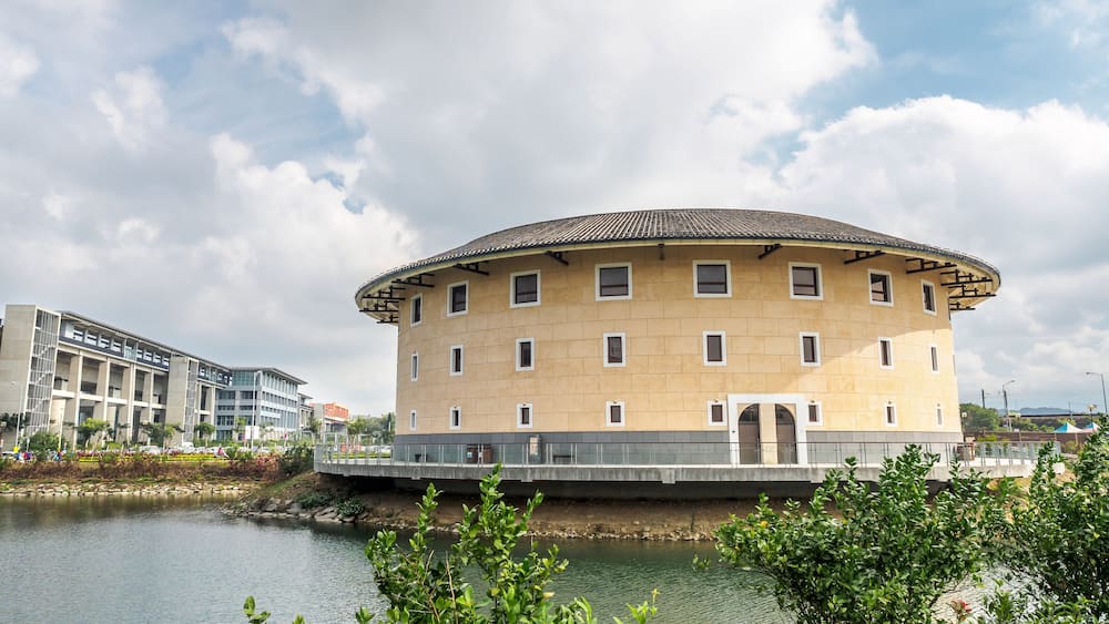 Miaoli, Taiwan - Dec 3, 2017 - Hakka Round House and Miaoli High Speed Rail Station.