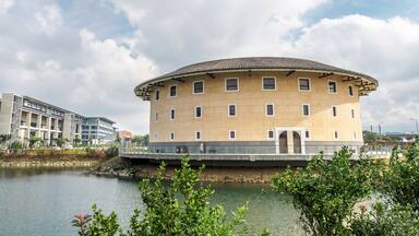 Miaoli, Taiwan - Dec 3, 2017 - Hakka Round House and Miaoli High Speed Rail Station.