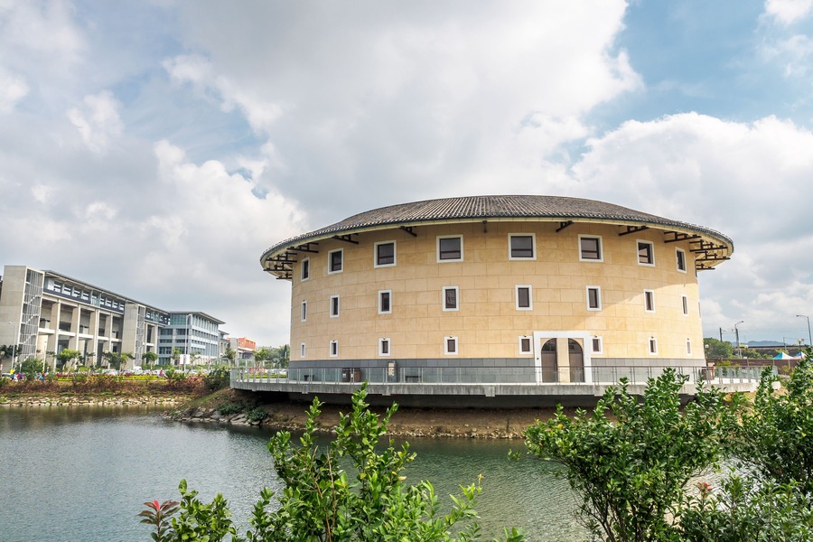 Miaoli, Taiwan - Dec 3, 2017 - Hakka Round House and Miaoli High Speed Rail Station.