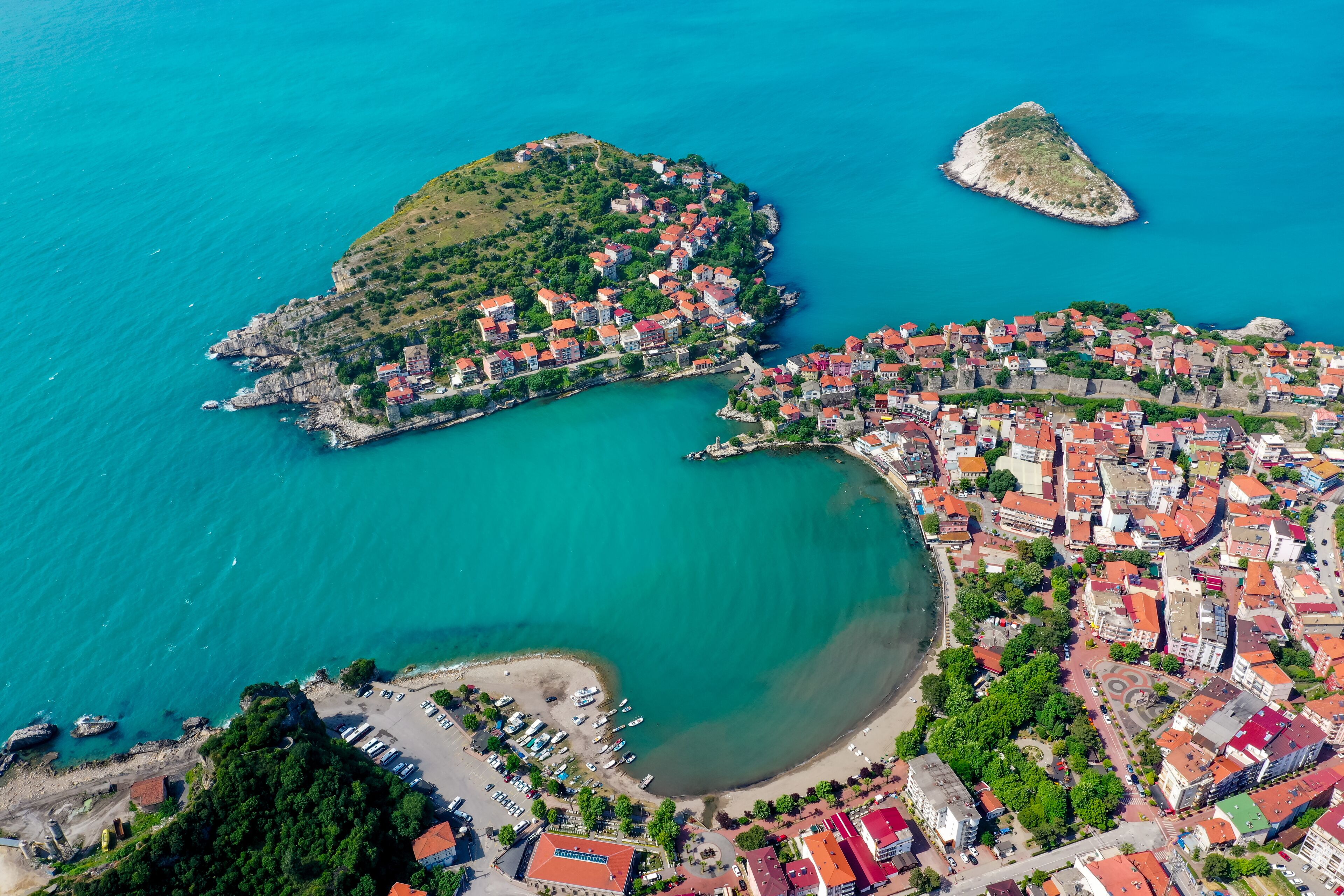 Beautiful cityscape on the mountains over Black-sea, Amasra. Amasra traditional Turkish architecture
