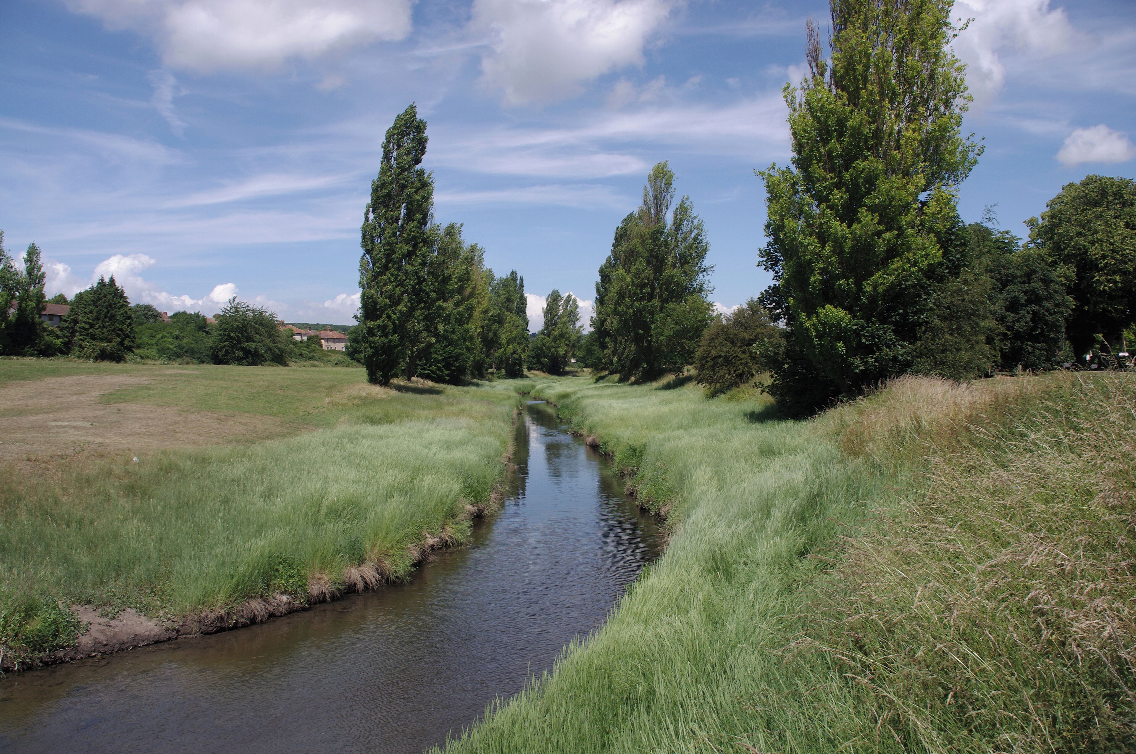 Looking east along the River Trym at Sea Mills in Bristol.