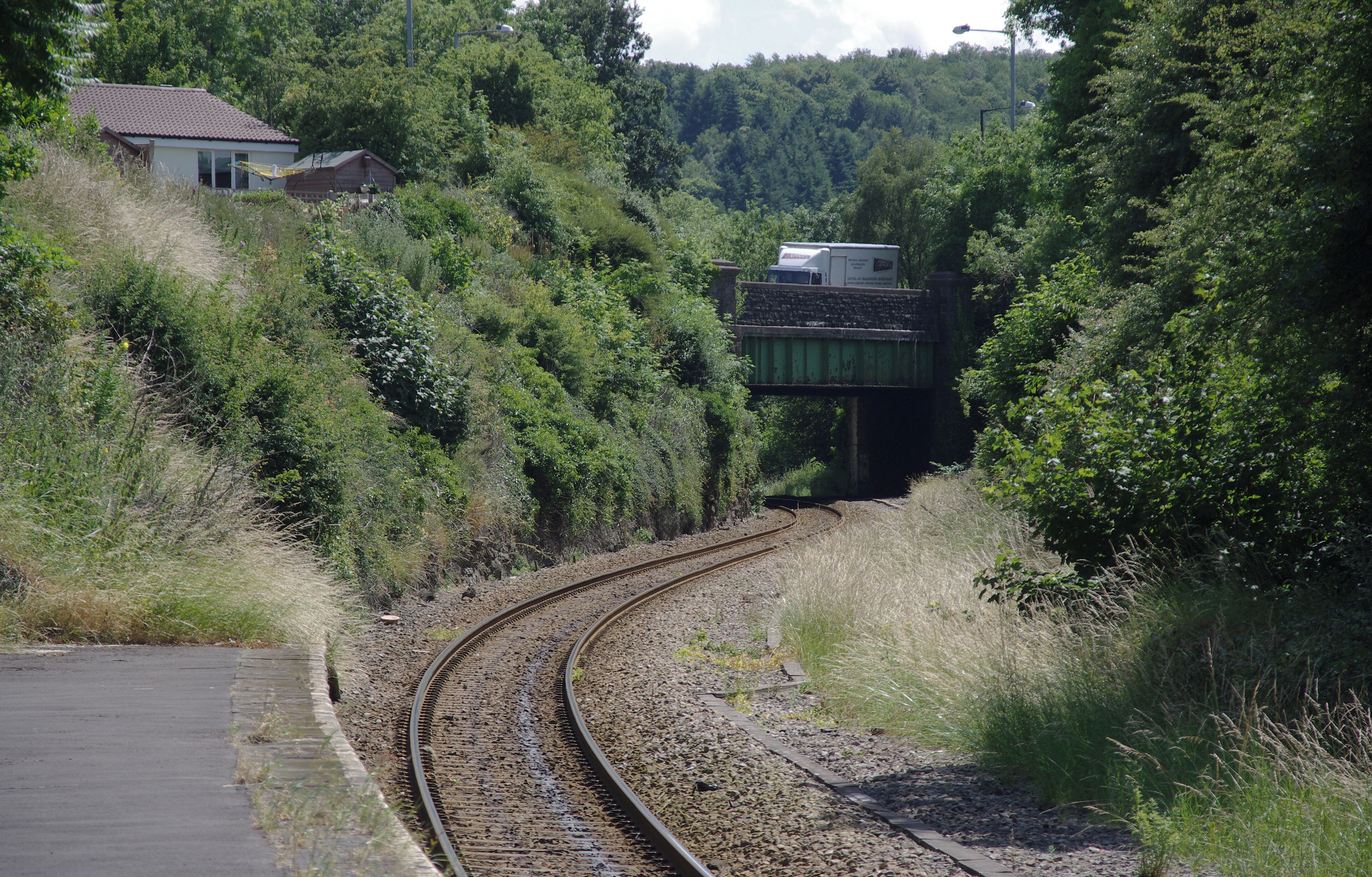 Sea Mills railway station on the Severn Beach Line in Bristol, looking east towards Clifton Down.