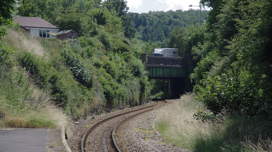 Sea Mills railway station on the Severn Beach Line in Bristol, looking east towards Clifton Down.