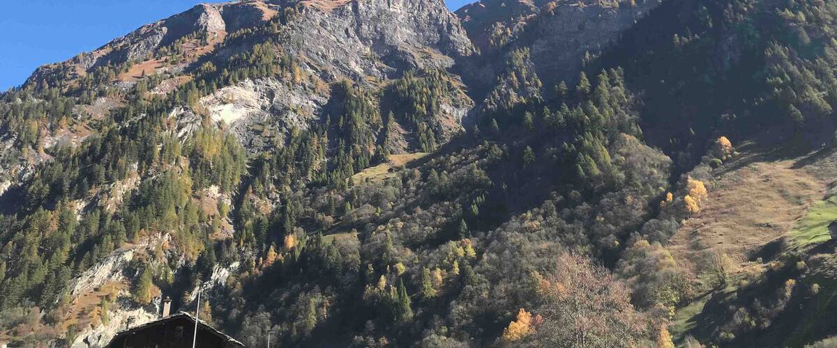 A mountain range with rocky peaks and dense forests.