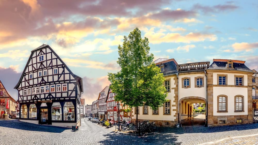 A cobblestone street lined with traditional half-timbered houses and a large tree in the center.