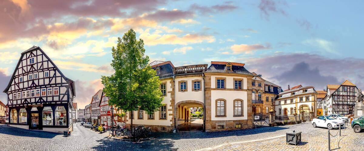 A cobblestone street lined with traditional half-timbered houses and a large tree in the center.