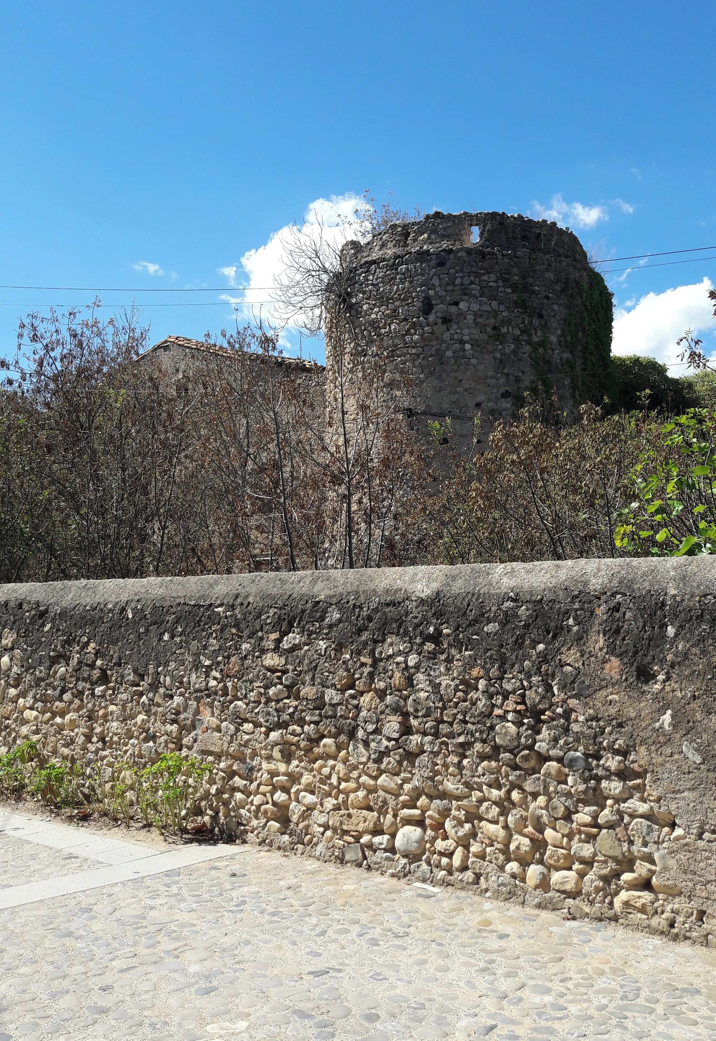 A stone wall and a circular stone tower with vegetation around it.