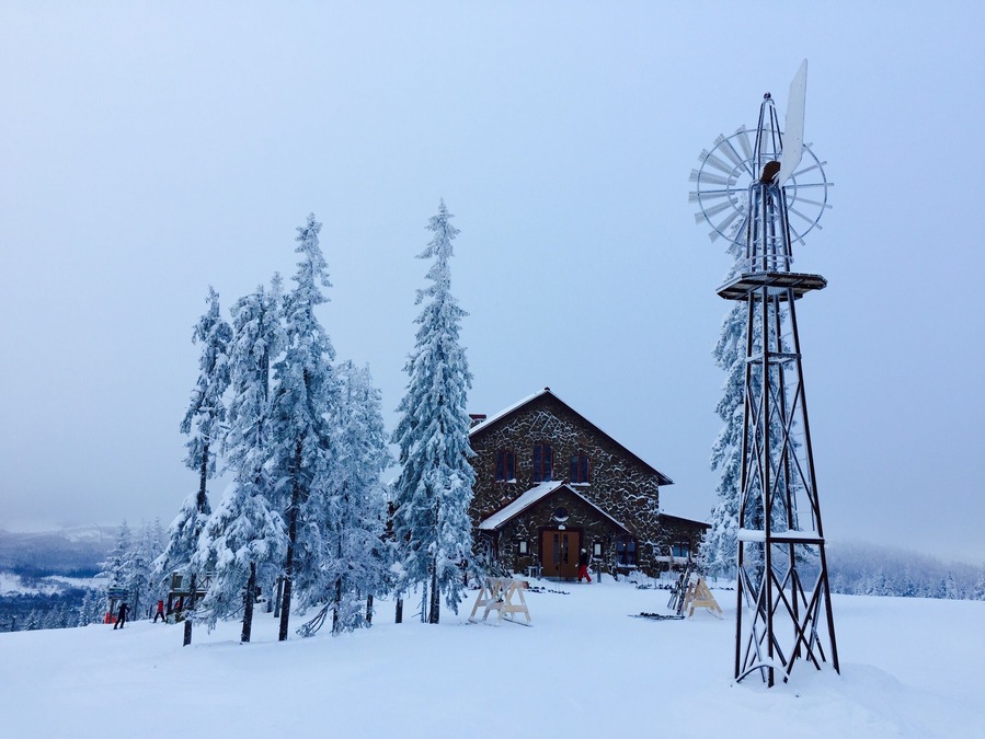 #snow cabin on the top of the mountain