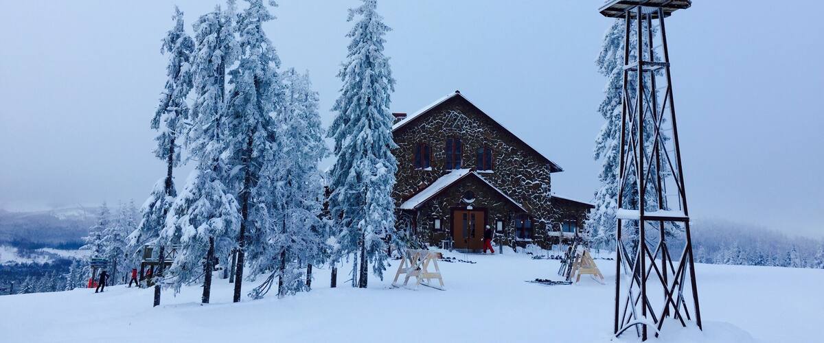 #snow cabin on the top of the mountain