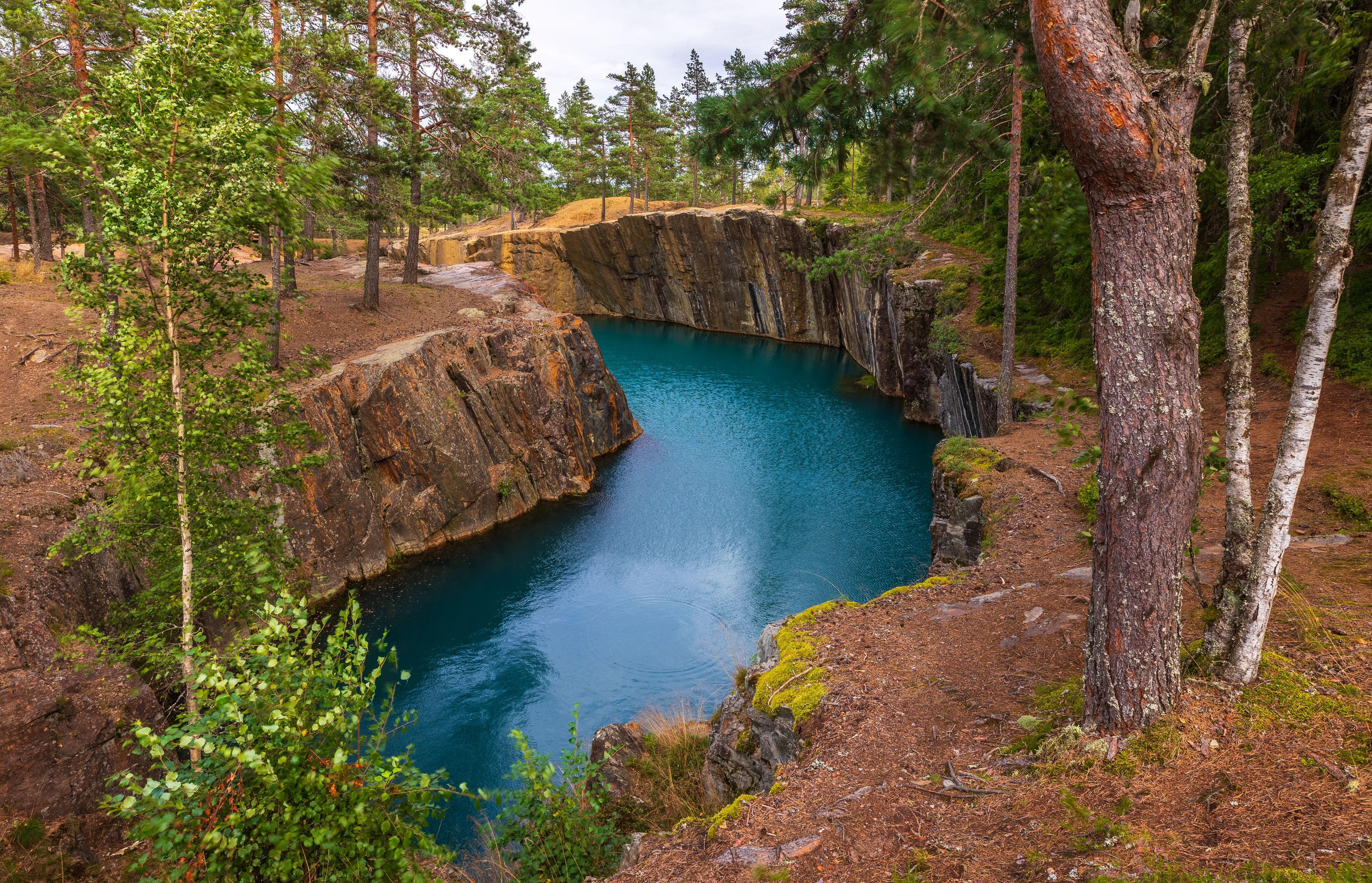 Un lac turquoise, bordé de falaises rocheuses et d’une forêt dense.