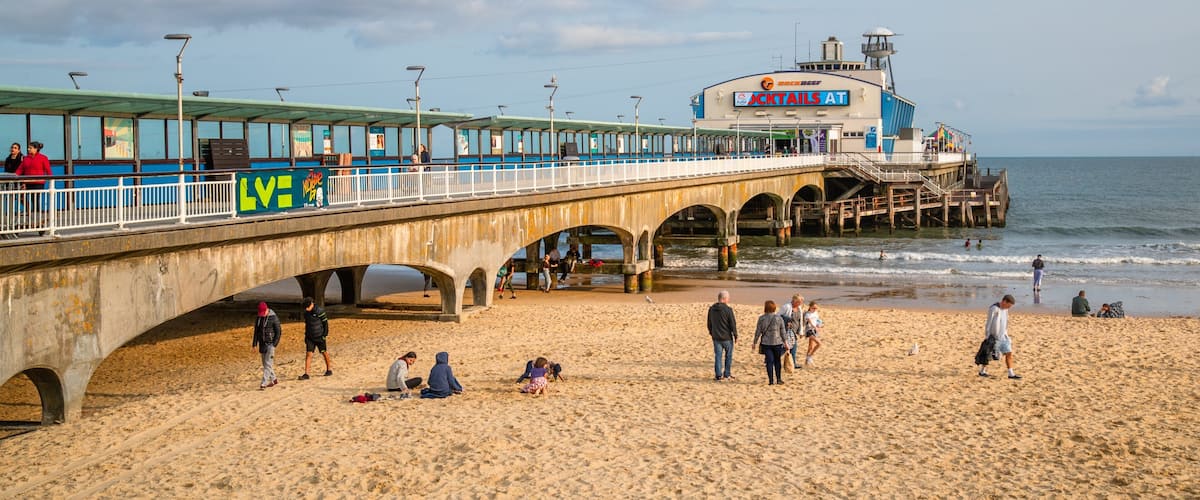 Bournemouth Pier showing general coastal views and a sandy beach as well as a small group of people