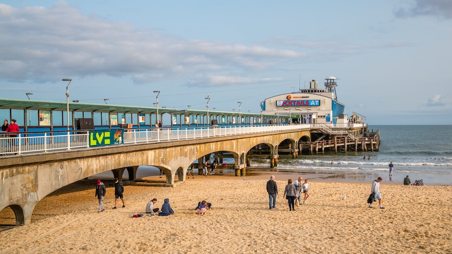 Bournemouth Pier showing general coastal views and a sandy beach as well as a small group of people