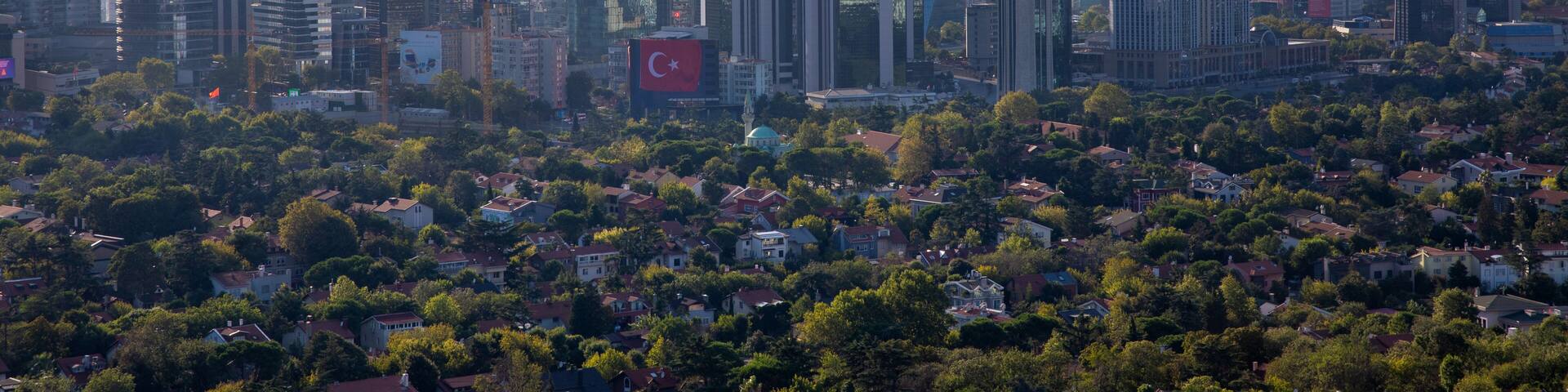 High angle aerial panoramic view of houses and business centers in Maslak region of Sariyer district, Istanbul, Turkey on September 5, 2020. Maslak is one of the main business districts of Sariyer.