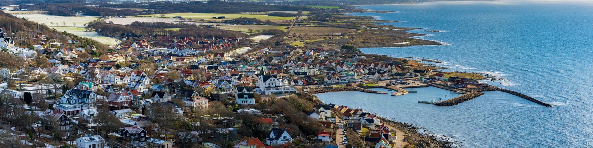 Panoramic landscape over fishing village Molle with harbour on the Swedish West Coast.