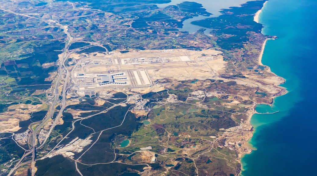 Sabiha Gokcen International Turkish Airport (SAW), Istanbul Pendik district and Marmara Sea aircraft view