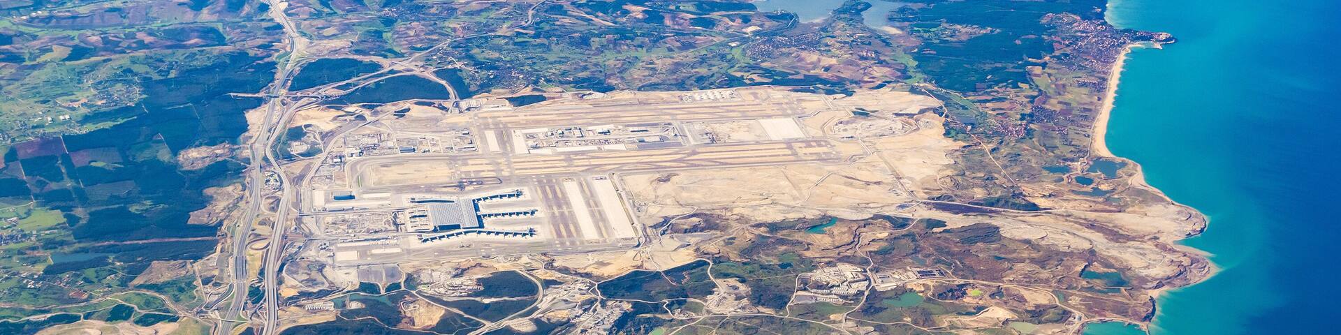 Sabiha Gokcen International Turkish Airport (SAW), Istanbul Pendik district and Marmara Sea aircraft view