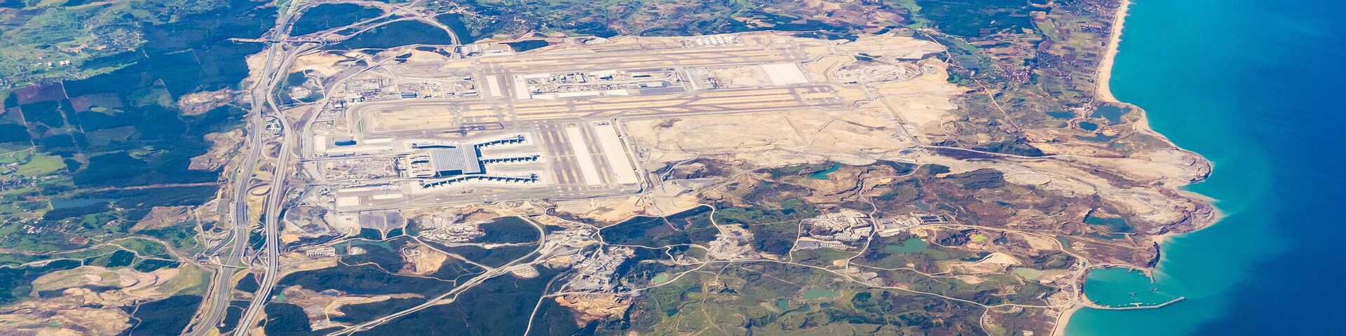 Sabiha Gokcen International Turkish Airport (SAW), Istanbul Pendik district and Marmara Sea aircraft view