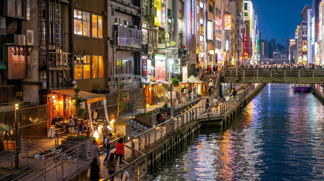 Dotonbori featuring a river or creek, a city and night scenes