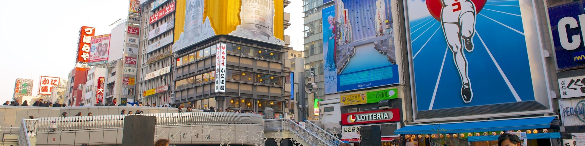 Dotonbori que inclui cbd e arte ao ar livre assim como um grande grupo de pessoas