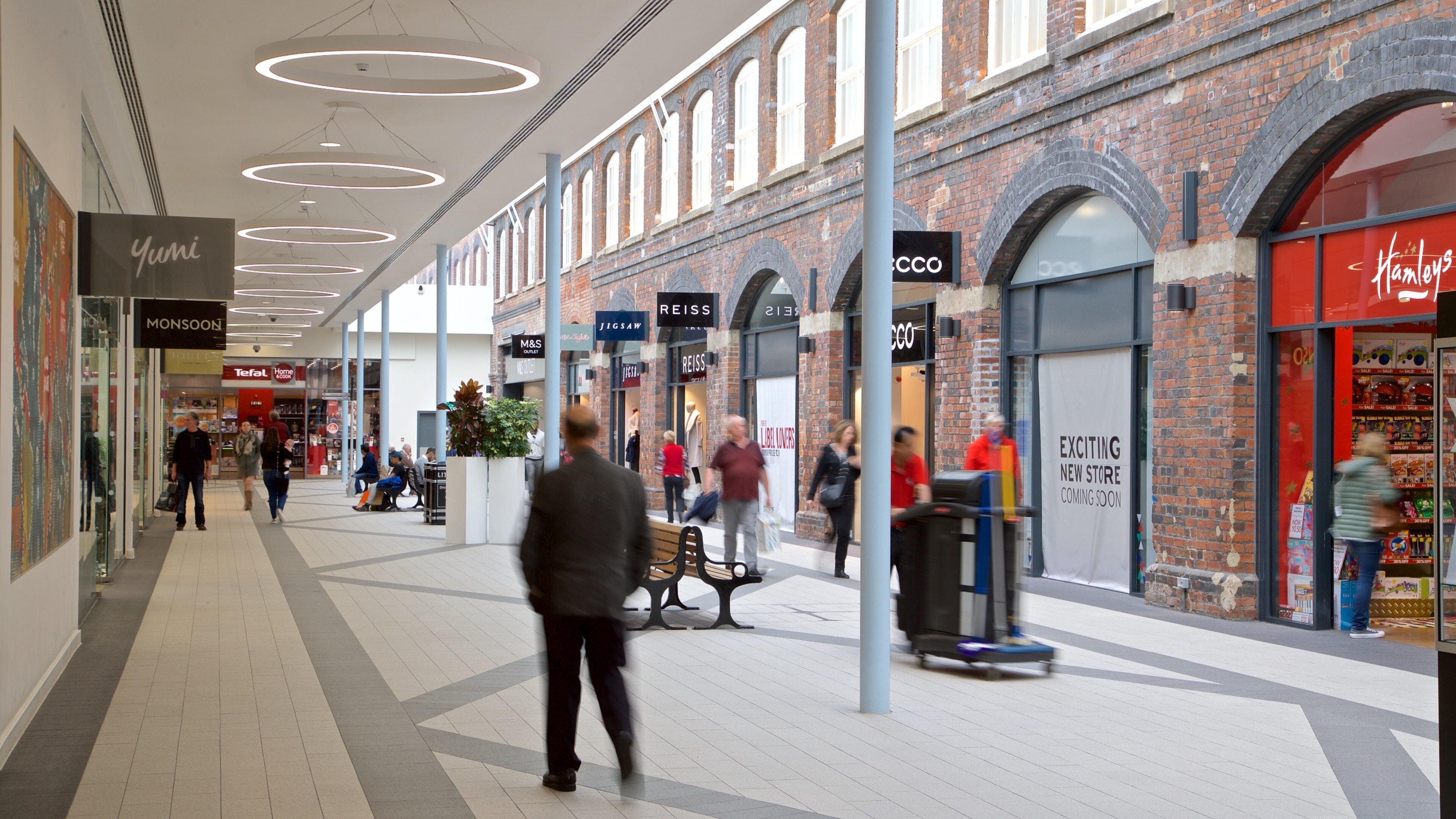 Swindon Designer Outlet showing shopping and interior views as well as a small group of people