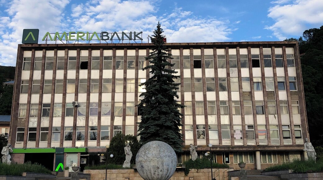 View of a plaza on Myasnikyan Street in Dilijan, Armenia.