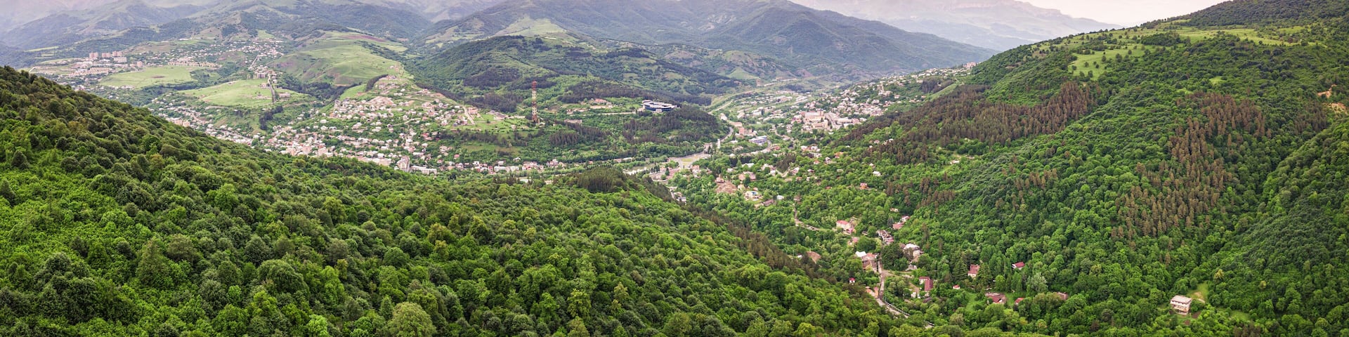 panoramic aerial view of the famous spa resort town of Dilijan in Armenia surrounded by dense forests in Caucasus mountains