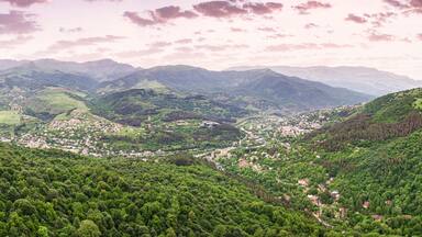 panoramic aerial view of the famous spa resort town of Dilijan in Armenia surrounded by dense forests in Caucasus mountains