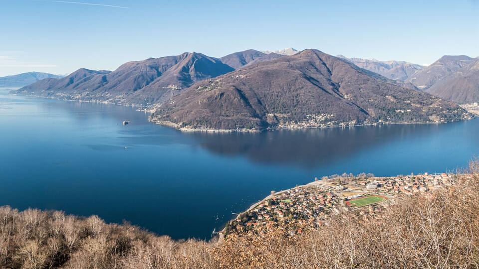 Wide angle aerial view of the Lake Maggiore
