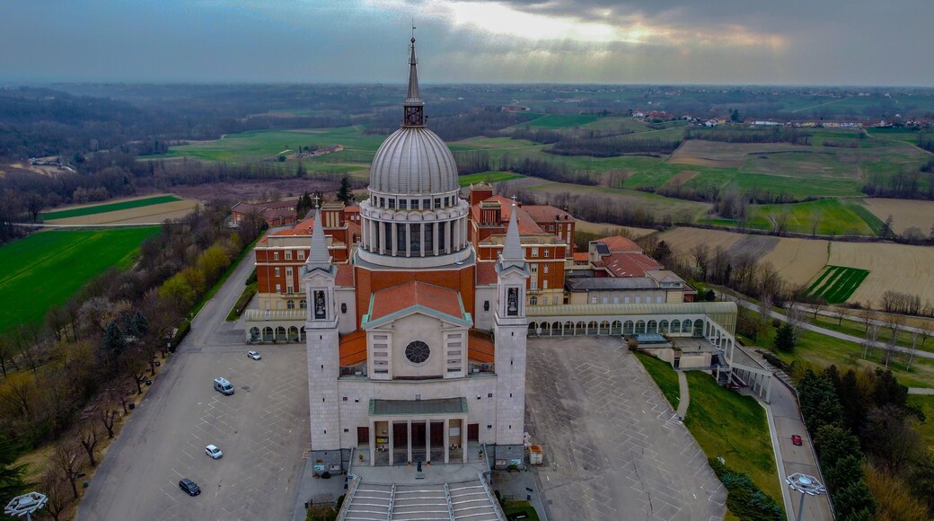 DON BOSCO SANCTUARY, Morialdo hamlet, Castelnuovo Don Bosco, Asti, from the drone