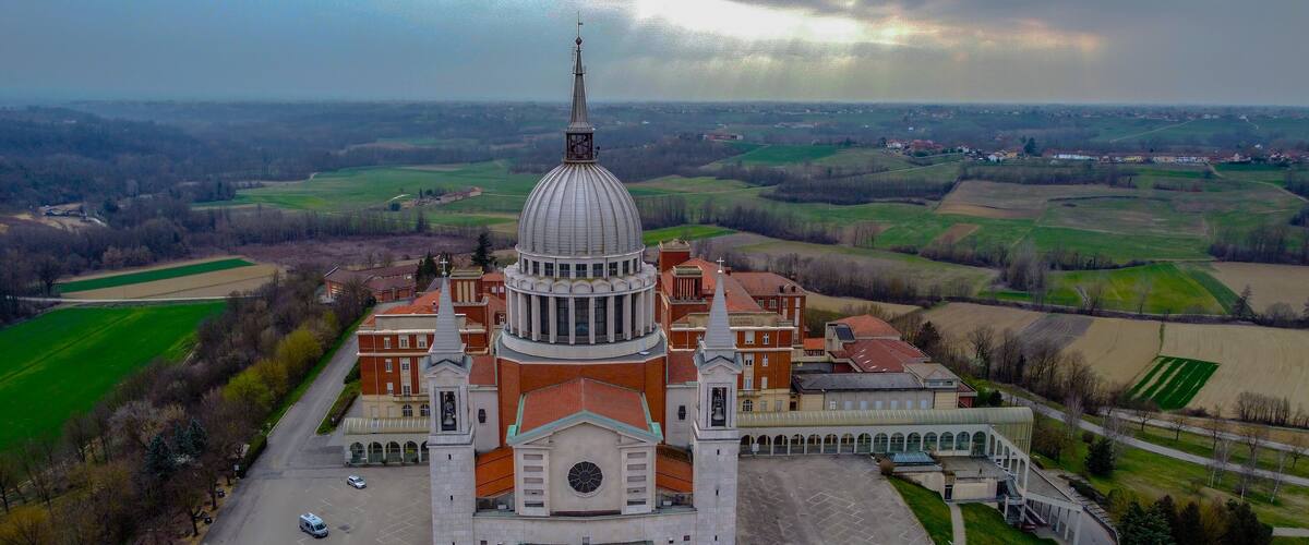 DON BOSCO SANCTUARY, Morialdo hamlet, Castelnuovo Don Bosco, Asti, from the drone