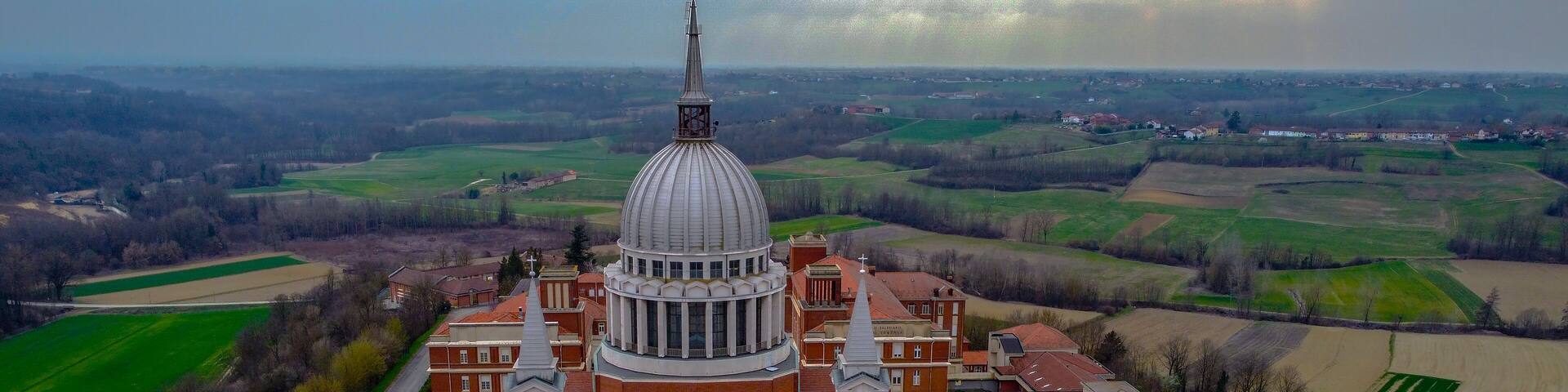 DON BOSCO SANCTUARY, Morialdo hamlet, Castelnuovo Don Bosco, Asti, from the drone